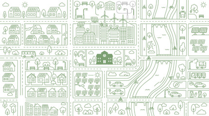 Obraz premium Seamless Vector Illustration of a Sustainable Smart City with Solar Energy, Wind Turbines, Electric Cars, and Green Infrastructure