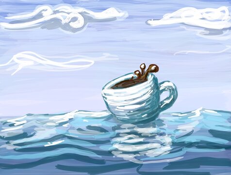 A post-impressionism digital painting of a cup of coffee floating on the ocean, portraying imagination, calmness, and freedom, with subtle brushstrokes and calm colors. 