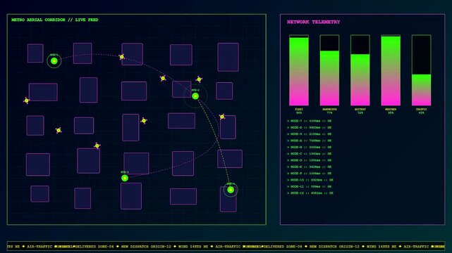 An advanced Drone Delivery Network displays complex aerial routing data and system telemetry logs on a digital interface showing automated logistical transport planning in real time