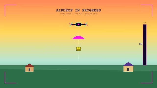 A high altitude Drone Delivery Network provides automated logistics for remote locations with a precise tactical airdrop sequence depicted in three progressive stages of descent at sunset