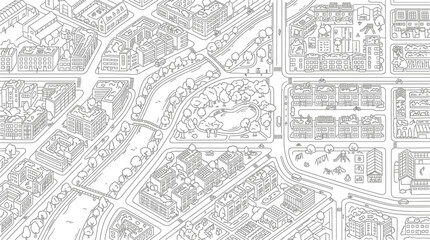 Obraz premium Sustainable Eco-City Line Art Illustration with Green Roofs, Solar Panels, and Urban Parks. Isometric Map for Coloring Book and Environmental Planning Concept.