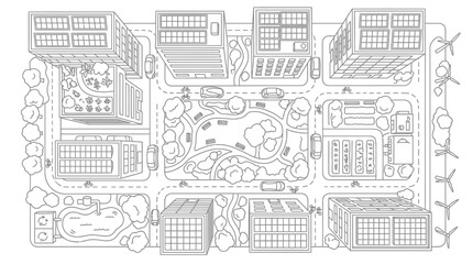 Naklejka premium Eco-Friendly Sustainable City Plan Top View Line Art. Vector Illustration of Smart Green Urban Design with Solar Panels, Wind Turbines, Parks, and Renewable Energy Systems.