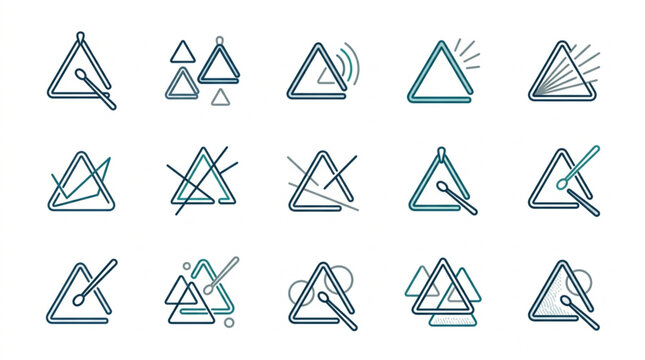 Collection of musical triangle percussion instruments with beaters.