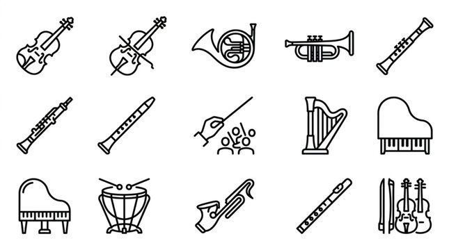 Collection of Orchestra Musical Instruments and Conductor Icon Set.