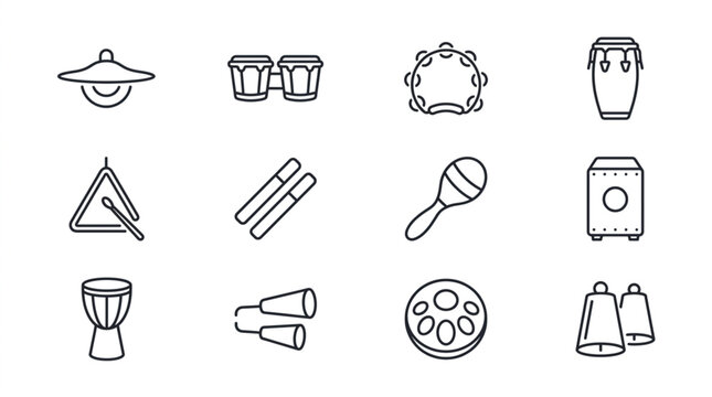 Collection of Percussion Musical Instruments Line Art Icons.