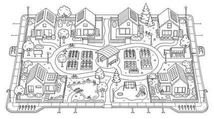 Naklejka premium Sustainable Eco-Friendly Neighborhood Line Art Illustration with Solar Panels, Community Garden, and Green Living Infrastructure