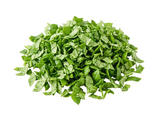 Obraz premium Pile of fresh chopped green herbs isolated on transparent background, ready for food design, clipart, stickers, print on demand, and sublimation projects.