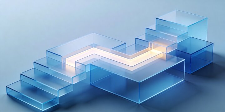 Translucent blue glass blocks with glowing internal path for modern business technology background and wide copy space