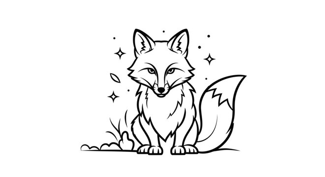 Cute Cartoon Fox Sitting Line Art Illustration. Black and White Stylized Drawing of a Wild Animal for Design or Coloring.