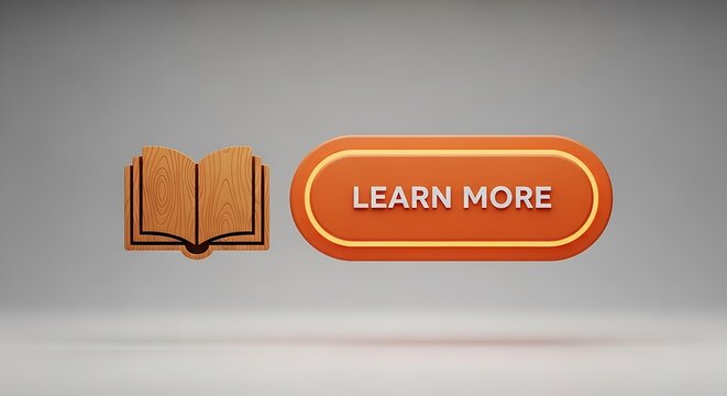 3D orange learn more button with open wooden book on gray background