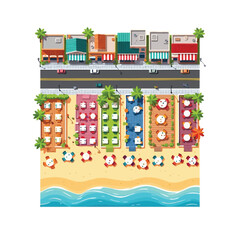 Fototapeta premium Aerial View Vector Illustration of a Coastal Town with Beachfront Restaurants, Shops, Palm Trees and Ocean Waves