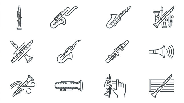Collection of wind instrument line art icons.