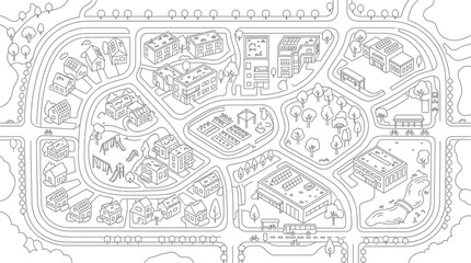 Obraz premium Sustainable City Neighborhood Map Coloring Page for Kids - Eco-Friendly Urban Planning Illustration with Solar Panels, Parks, and Community Gardens Line Art