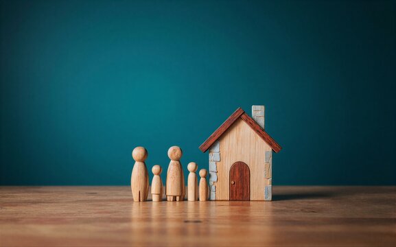 Wooden family figures stand before a tiny house symbolizing home and