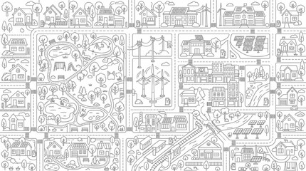 Fototapeta premium Eco-Friendly Sustainable Smart City Map Line Art Illustration for Coloring Page featuring Solar Panels, Wind Turbines, Green Spaces, and Electric Infrastructure