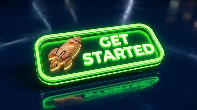 Neon green get started button with rocket on dark background
