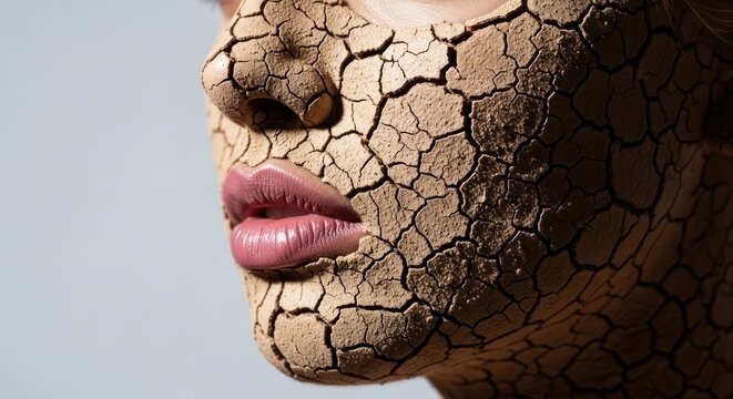 Woman's face with dried cracked earth makeup on skin closeup profile