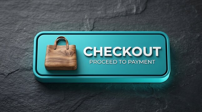 Teal checkout button with wooden purse on dark stone background