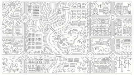 Obraz premium Eco-Friendly Sustainable City Map Coloring Page with Solar Panels, Wind Turbines, and Green Urban Planning Illustration