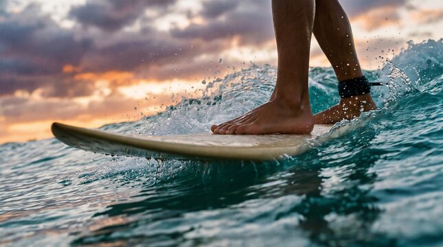 Surfer Feet on Longboard Riding Breaking Wave at Dramatic Sunset Sky