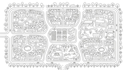 Obraz premium Sustainable Eco-Village Neighborhood Map Line Art Coloring Page. Aerial view of modern green city layout featuring roof gardens, community parks, and bicycle paths.
