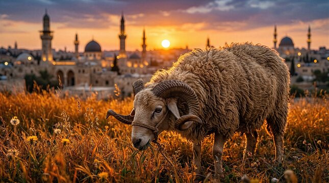 Male sheep grazing in tall golden grass with a blurred old city and ancient mosque minarets at sunset.