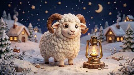Obraz premium Cute 3D ram standing in snow with a glowing vintage lantern at night. Winter landscape background with cozy houses, crescent moon, and stars.