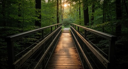 Fototapeta premium Wooden Bridge in Lush Forest with Sunlight Shining Through Trees.