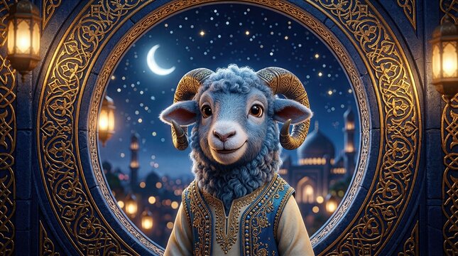 Anthropomorphic cute blue sheep character wearing traditional embroidered vest smiling inside ornate round window frame with night cityscape background.