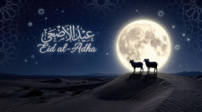 Silhouette of sheep on desert dunes under a glowing full moon with Eid al Adha Arabic calligraphy greeting text.