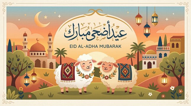 Flat design illustration of two cute sheep decorated with patterns in front of mosque and desert landscape. Eid al-Adha Mubarak greeting banner.