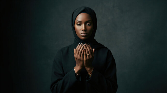 Front view portrait of solemn Black Muslim woman in 30s wearing black hijab holding open palms up in supplication prayer on dark textured background.
