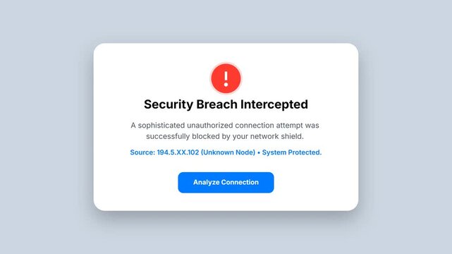 Security Breach Intercepted Alert UI, Unauthorized Connection Attempt Blocked, Network Shield Notification Interface