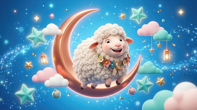 Cute 3D cartoon style white sheep smiling and flying across starry blue sky on a crescent moon with clouds, lanterns and stars. Eid al-Adha concept.