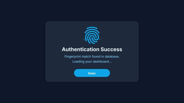 Biometric Fingerprint Authentication Success Screen, Modern UI Security UI, User Login Confirmation, Clean Minimalist Graphic, 2D Motion Design.