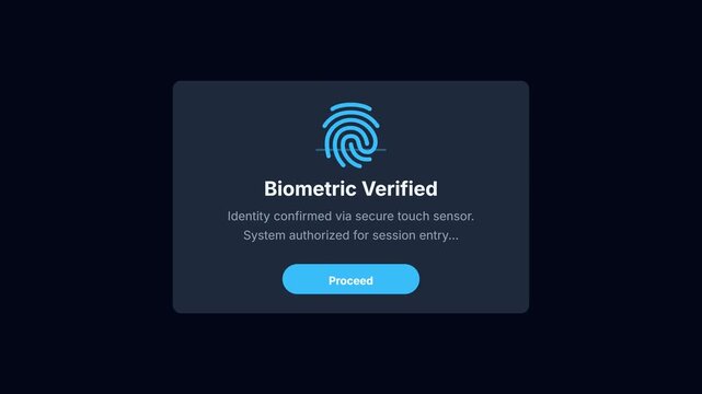 Biometric Fingerprint Verified Notification, Secure Session Entry Screen, Modern Cybersecurity UI Popup, Minimalist Flat Motion Graphic.