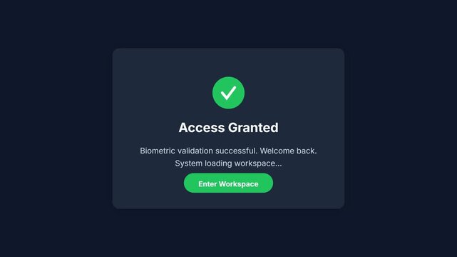 Access Granted Biometric Validation Screen, Modern Cybersecurity UI Overlay, System Workspace Loading Notification, Flat Graphic Design.