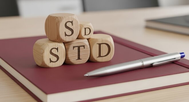 Wooden Blocks Spelling STD on a Red Notebook with Pen.