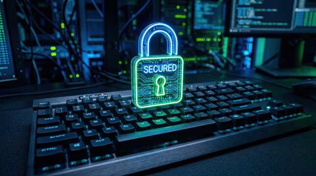Digital padlock icon glowing neon green on dark keyboard with binary code background