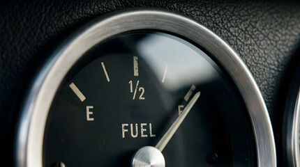 Naklejka premium Classic fuel gauge showing half tank level in vintage car dashboard with analog dials and warning lights. Generative AI