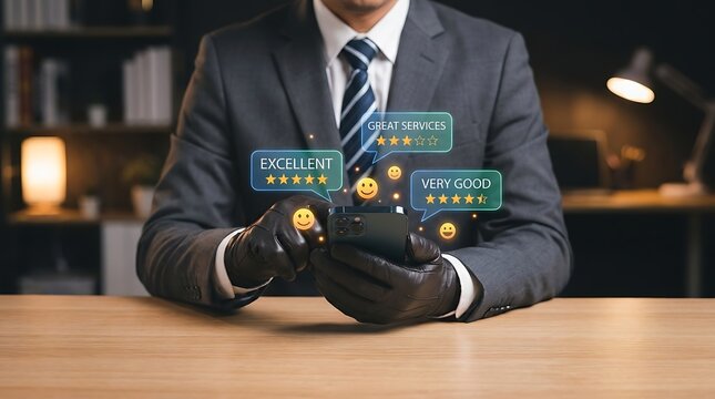 Businessman looking at smart phone with floating five star review holograms displaying excellent and great services text