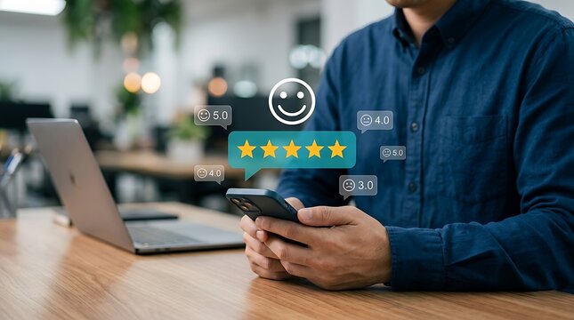 Close up of man using smart phone with digital five star rating hologram and happy emoji signifying excellent customer experience
