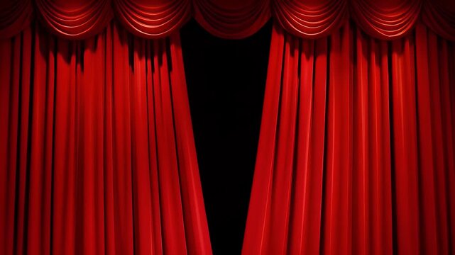 Dramatic red stage curtains opening with green chroma background for a theater performance, ready for a showtime reveal, perfect for presentations or events