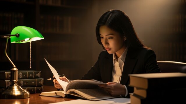 Law - Asian Woman Lawyer Reviewing Legal Documents at Wooden Desk with Green Banker Lamp and Law Books