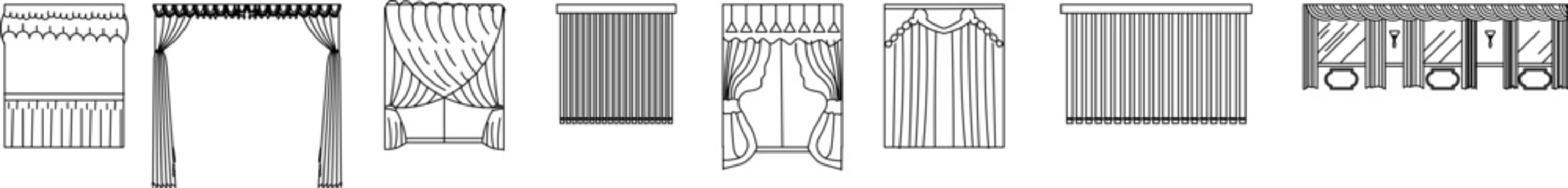 Collection of curtain and drapery design symbols featuring various window treatment styles including swags, valances, vertical blinds, tiebacks, and pleated designs. Monochrome line art for interior a