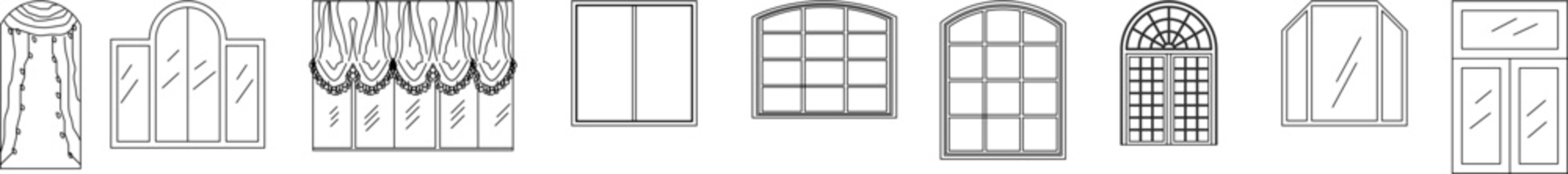 Collection of architectural symbols featuring windows, doors, and drapery treatments. Includes arched designs, sliding panes, fanlights, and valances. Monochrome line art.