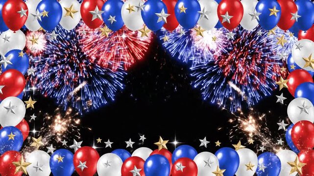 Red white and blue balloon border with gold stars and sparkles on a black background for patriotic celebrations
