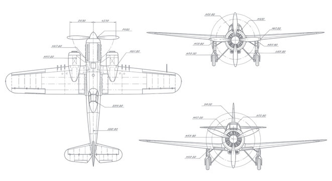 Detailed technical drawing of airplane.