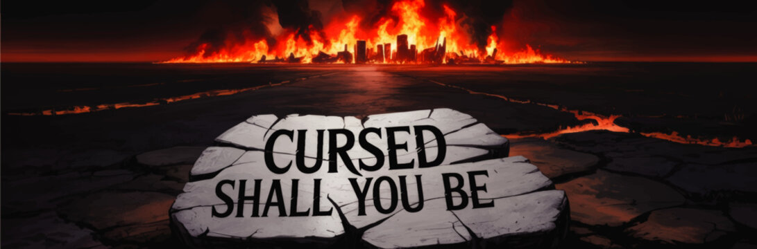 Apocalyptic burning city skyline with cursed prophecy text on cracked stone, fiery end times landscape, dramatic dark red illustration
