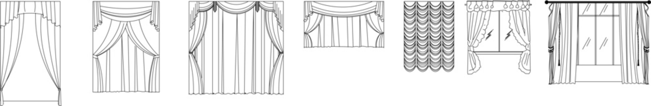 Collection of curtain and drapery designs featuring various styles including swags, tails, tiebacks, and Roman shades. Window treatment symbols for interior design plans in monochrome line art.